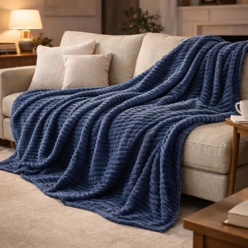 Image of WONJU Premium Ultra Soft Coral Fleece Blanket for Bed & Sofa | Warm Plush Ribbed Throw | Lightweight Cozy Winter Blanket | Machine Washable | Multiple Colors (Blue)