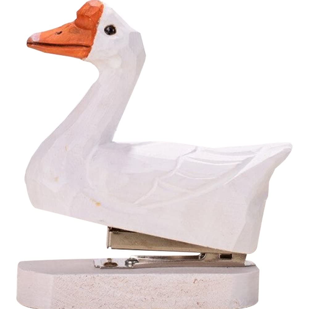 Baokuan Cartoon Mini Stapler for Desk Portable Handmade Cute Duck Stapler for Office School Wood Carving Learning Stationery