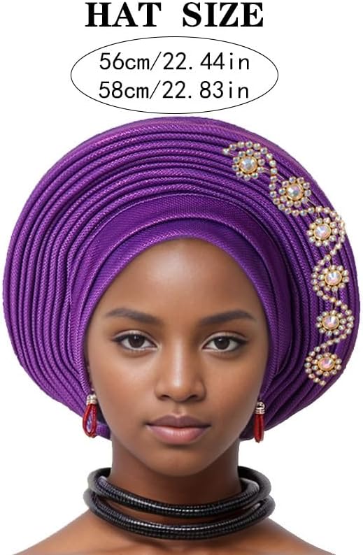 Elegant African Auto Gele Women's Turban Cap Nigeria Wedding Head Wrap Ready to Wear Sego Headtie with Diamonds