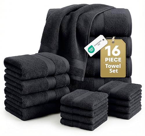 LANE LINEN 100% Cotton Towel Set for Bathroom - 16 Piece - Super Soft, Hotel Quality - 4 Bath, 8 Wash cloths, 4 Hand Towels for Bathroom - Classic, Gentle on Skin, Ideal for Spa & Daily Use - Black