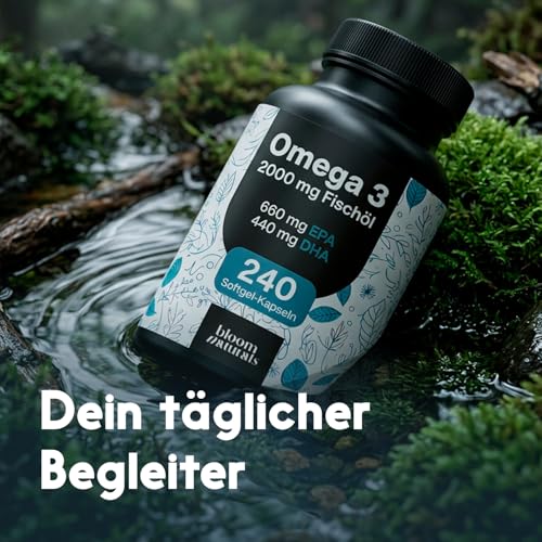 Omega 3 Kapseln hochdosiert 2000mg Fischöl - 240 Softgel-Kapseln - davon 660 mg EPA und 440 mg DHA - Unterstützt die Gesundheit von Herz, Gehirn und Augen* - Produziert in Deutschland 2