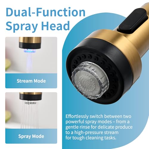 Image of GIMILI Gold Kitchen Faucet with Soap Dispenser Single Hole Pull Down Sprayer LED Faucet, Suitable for Farmhouses, RV, Laundry Room, Outdoor, and Campers. Llave para fregadero de cocina