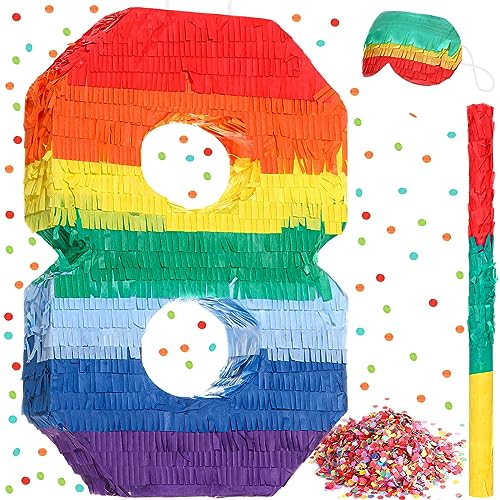 Sratte Rainbow Number Piñata Multicolor Piñata Small Kids Birthday Party with Blindfold Stick and Confetti for Birthday Anniversary Cinco De Mayo Fiesta Party Decor(Number 8)