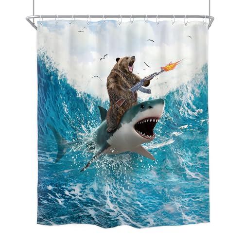 Image of Funny Bear Riding Shark Shower Curtain Humor Surfing 60Wx72H Inch Decor | Cool Animal Beach Blue Waves Ocean Birds Clouds Boys Men Art Waterproof Polyester Fabric Bathroom 12 Hooks