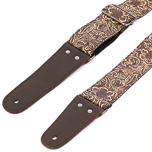 Image of Anwenk Guitar Strap, Stamped Leather Guitar Strap PU Leather Western Vintage 60's Retro Strap with Genuine Leather Ends for Electric Bass Guitar, with Tie,Include 2 Picks,Bronze