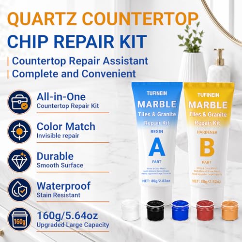 Image of Marble Countertop Repair Kit, 160g /5.64oz Tile Repair Kit for Granite Quartz Acrylic Ceramic Stone and Fill Hole Chips Crack Scratches Dents, Reattaches Missing Edges on Countertops (Color Match)