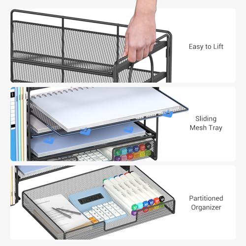 Desk Organizer with File Holder, Organisateur et Accessoire de Bureau, 5-tier Paper Letter Tray with Drawer and Pen Holder, Mesh Desktop Office Supplies for School, Home, Office (B image 4
