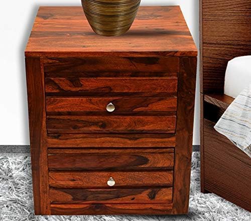Image of Solid Sheesham Wood Bedside Table for Bedroom | Handmade Pure Wooden Bed Side Nightstand End Table with 2 Drawers Storage for Home & Bed Room | Rosewood, Dark Brown