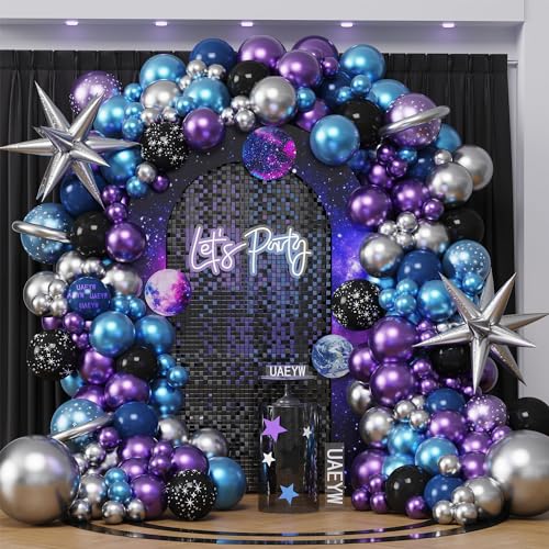 Galaxy Space Balloon Arch Garland Kit for Outer Party Decorations 144Pcs Chrome Metallic Blue Purple Silver Navy Blue Black Balloons for Boys Kids Baby Shower Party Solar System Supplies
