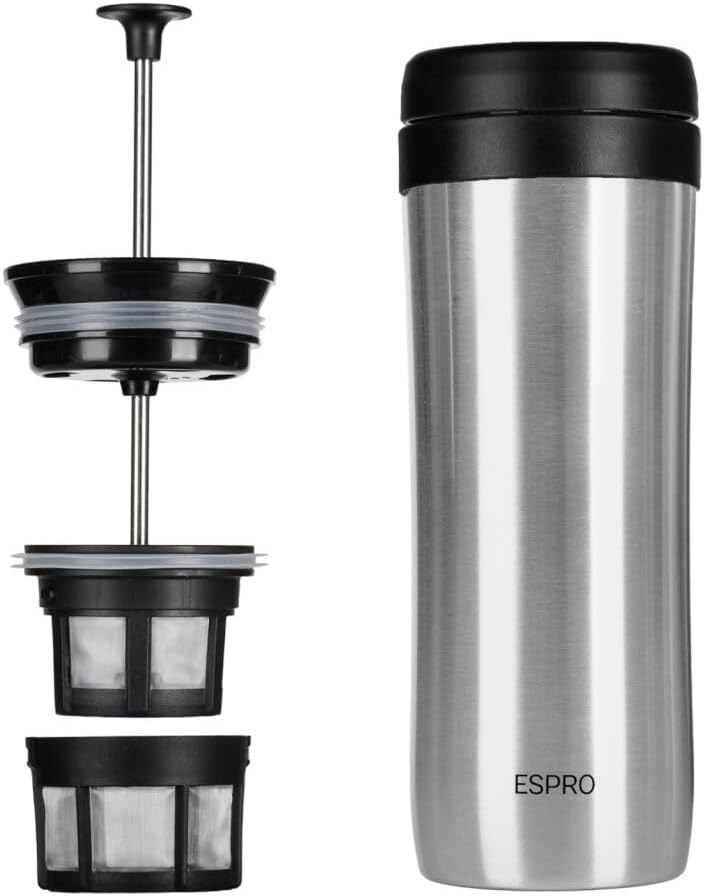 ESPRO P1 12 Ounces French Press Coffee Maker for Travel, Double-Walled Stainless Steel Vacuum Insulated, Brushed Stainless Steel