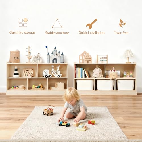Image of Leeshyah Wooden Toy Shelf for Kids, Montessori Book & Toy Organizer with Open Shelving, 5-Section Customizable Layout for Kids' Room, Playroom & Classroom