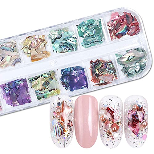 Nail Art Shell Flakes,1Box 12Grids Irregular Abalone Seashell Slices for Nail Art,Nail Art Accessories Colorful Shell Pieces Nail Sequins Glitter for DIY Manicure (Shell Pieces C) - Image 4
