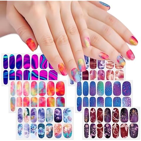 SILPECWEE 6 Sheets Starry Nail Polish Stickers Full Nail Wraps for Women Self Adhesive Nail Polish Strips Iridescent Nail Strips Stick on Fingernail Manicure Sticker with Nail File Cover