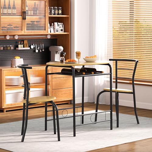 Image of VECELO 3 Piece Small Round Dining Table Set for Kitchen Breakfast Nook, Wood Grain Tabletop with Wine Storage Rack, Save Space, Natural & Black