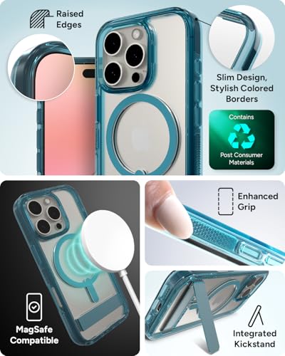 Image of ZAGG Santa Cruz Snap with Kickstand Case for iPhone 16 Pro - MagSafe Compatible, 13ft Military-Grade Drop Protection, Reinforced with Graphene, Slim Clear Case with Vibrant Color Accents, Retro Blue