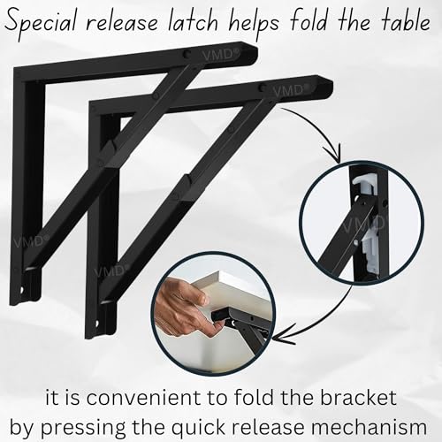 Image of VMD, Heavy Duty 24 inch (Black) Foldable Shelf Bracket, DIY Folding Shelves, l Bracket, Wall Brackets, Wall Angle Bracket, Folding Table Bracket with Fittings for fold Down Steel Table (Pack of 2)