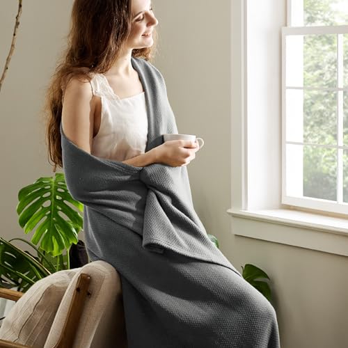 Image of Bedsure 100% Cotton Blanket, Herringbone Weave, Throw XL, Dark Grey