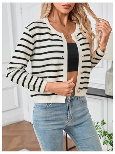MakeMeChic Women's Cardigan Sweaters Striped Long Sleeve Button Down Fall Cardigan Sweaters Lightweight Trendy3