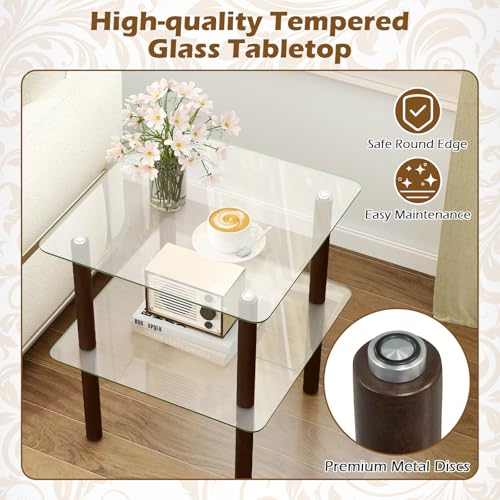 Image of Giantex Square End Table, 2-Tier Sofa Side Table with Clear Tempered Glass Top & Shelf, Small Accent Table with Solid Rubber Wood Legs for Living Room Bedroom Home Office (Brown & Clear)