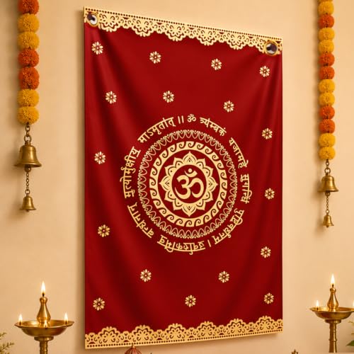 Image of SpecialYou Ganpati Decoration Setup for Home Decor with OM Red Fabric Backdrop Cloth for Decorations Pooja, Ganpati Backdrop Decoration, Mandir Decorations Items for Home
