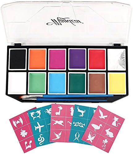 Maydear Face Paint Kit for Kids with Safe and None Toxic Water Based 12 Color Palette (X-Large) with 30 Stencils and 2 Brushes (12 color)