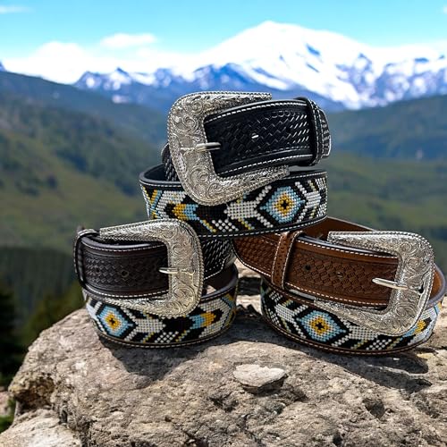Leather Western Belts For Men Cowboy Tapestry Aztec Embroidered Large Buckle High End Basketweave Hand Crafted3