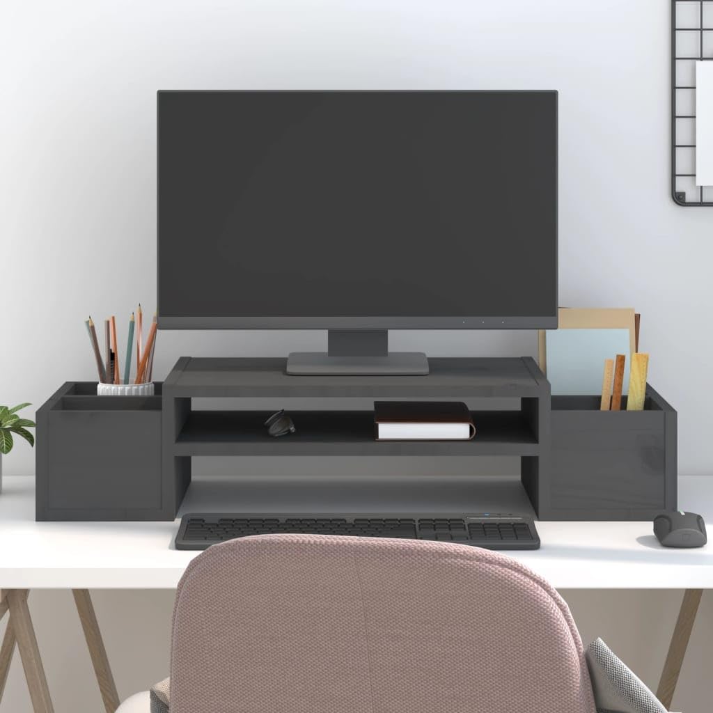 Supporto per monitor, in legno di pino massiccio, 70 x 27,5 x 15 cm, con ripiani, ergonomico, per scrivania per computer, ufficio, tavolo da gioco e soggiorno