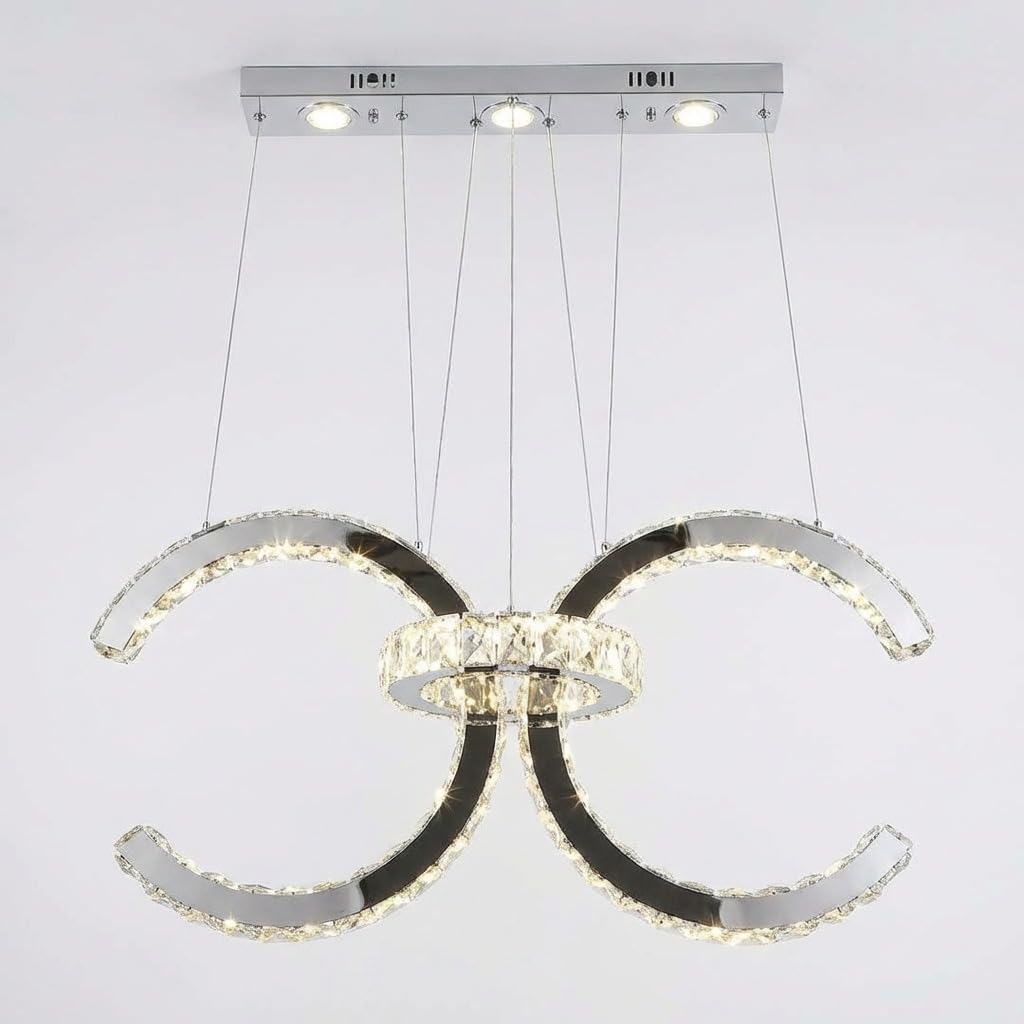 Maka Lampadario Plafoniera LED a Sospensione Moderno in Cristallo e Acciaio Inossidabile, 30W 500LM, 3 Temperature di Colore con Switch, Design a Cerchi per Soggiorno, Camera, Base 55x15x4,5cm