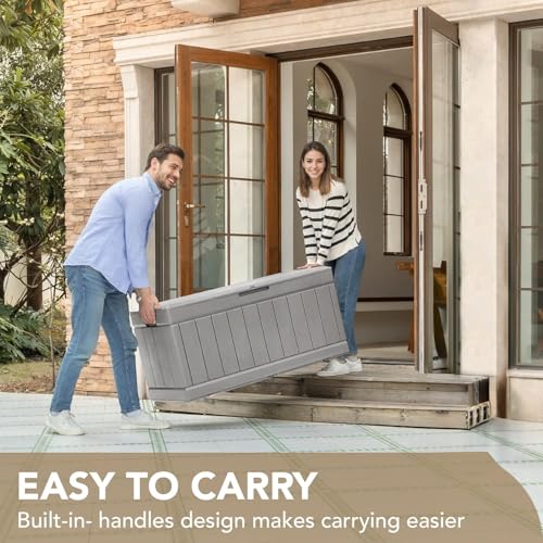 Image of Devoko 85 Gallon Deck Box Lockable Resin Outdoor Storage Box waterproof Outdoor Container for Patio Furniture Cushions, Pillow (Grey)