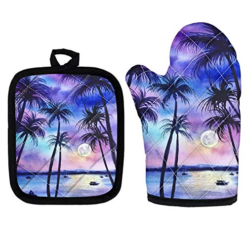Joaifo Tropical Palm Tree Cooking Baking Oven Mitts & Potholder 2Pcs Set, Blue Sunset Beach Kitchen Garden Glove High Heat Resistant And Non-Slip Hand Protector Suit For Garden Kitchen #TOP9