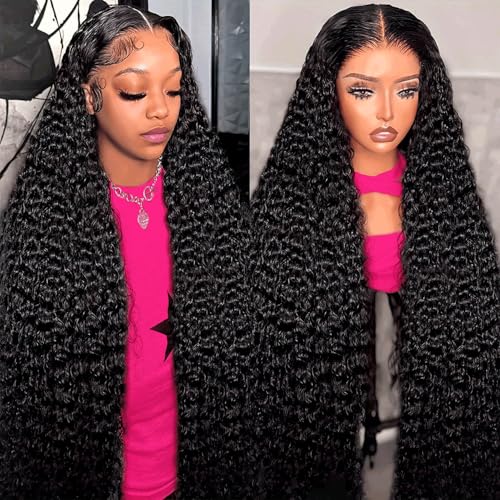 INSTASTYLE 30 Inch Synthetic Curly Wigs for Women Long Black Hair Wig Lace Front 4" Simulated Scalp Natural Loose Deep Wave Crimps Curls Wig As Hair Replacement Wigs 1B
