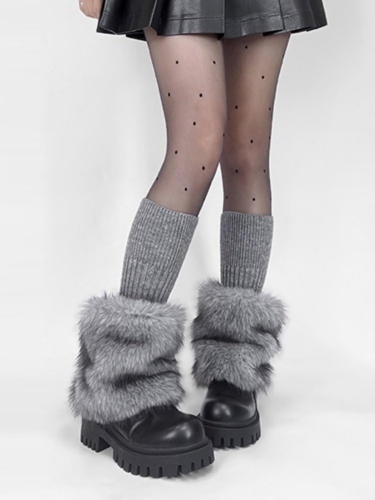 Women's Fake Fur Knitted Boot Socks Y2k Fashion Warm Stretchy Leg Warmers Streetwear