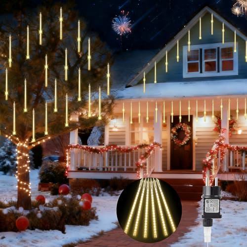 OdiuK Meteorschauer Lichterkette Außen Innen 20 Röhre Weihnachtsbeleuchtung Eiszapfen Lichterkette, IP44 Wasserdichte Dach Lichter für Weihnachtsdeko...