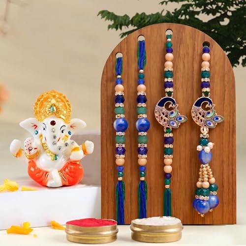 Image of TIED RIBBONS Set of 4 Rakhi for Brother and Bhabhi Kids with Ganesh Idol - Premium Handmade Family Rakhi and Tikka Combo Set - for Bhaiya Bhabhi