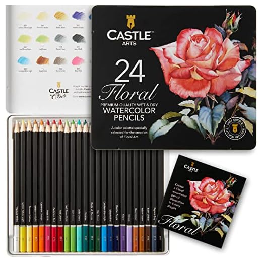 Castle Art Supplies Caja Lápices Acuarela Estilo Botánico | 24 Intensos colores | Pinta y Dibuja al Mismo Tiempo | Para Artistas Experimentados y como Regalo | En una Caja Metálica Especial