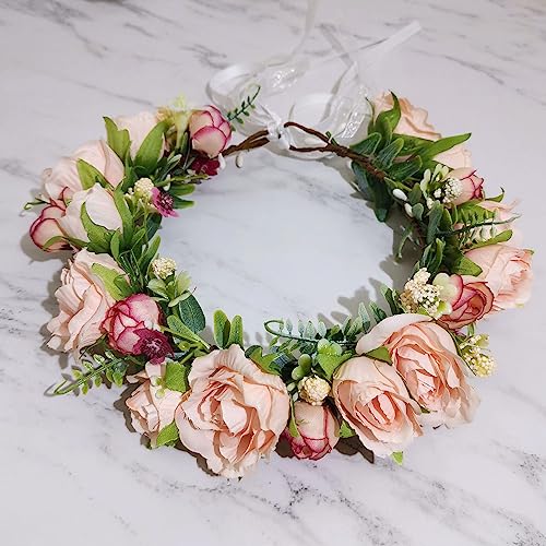 DDazzling Women Flower Headband Wreath Crown Floral Wedding Garland Wedding Festivals Photo Props (#Pink)