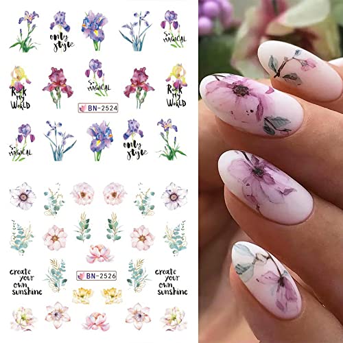 Flower Nail Art Stickers Spring Nail Decals White Lily Blue Tip Lavender Blossom Nail Supplies Colors Nail Accessories Decorations Water Transfer Nail Foil Sliders Nail Decor For Women Design 12 Sheet #TOP2