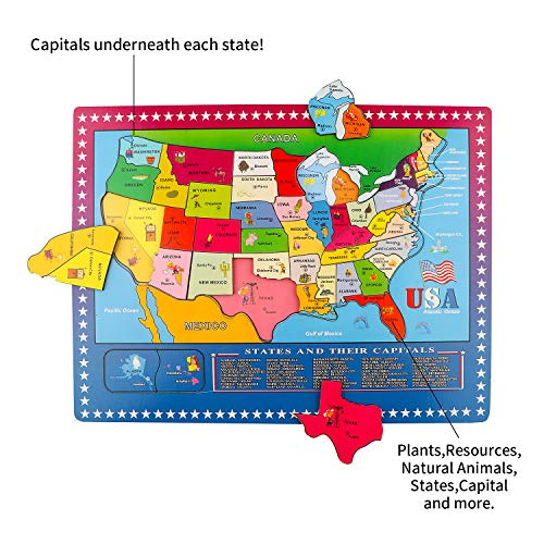 Wondertoys 46 Pieces Wooden USA Map Puzzle for Kids US Map Puzzle Educational Geography Puzzles United States Map Puzzle for Boy Girl