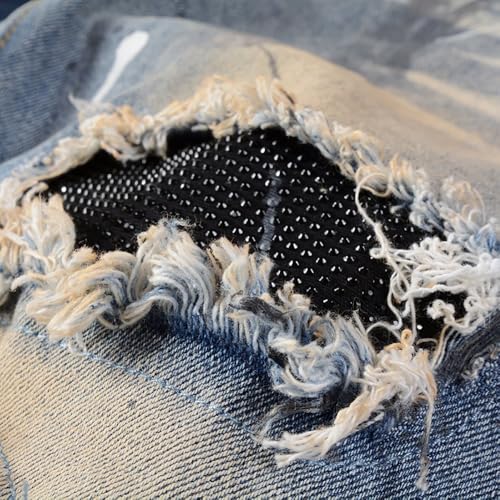 Mens Crystals Patched Jeans Skinny Splash Stretch Slim Distressed Ripped Graffiti Paint Rhinestone Retro Pants4