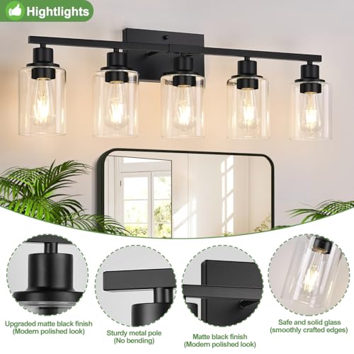Image of Indoi 5-Light Bathroom Light Fixtures, Matte Black Modern Vanity Lights with Clear Glass Shades, Bathroom Wall Lamp for Mirror Living Room Cabinet Bedroom Porch