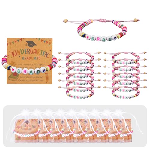 BOLLBAY 24 Set Kindergarten Graduation Bracelets Bulk with Wish Cards 4 x 5 Inch Organza Bags Colorful Adjustable Grad Bracelets Bulk Kindergarten Graduation Gifts for Boys Girls Toddler