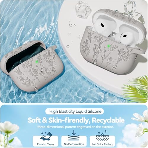 Image of Meyaar Silicone Case for AirPods Pro 3 Floral Embossed, Flower Engraved Soft Silicone Cover with Keychain, Anti-Scratch, Shockproof Protective Case Cover (Light Grey, for AirPods Pro 3 (2025))