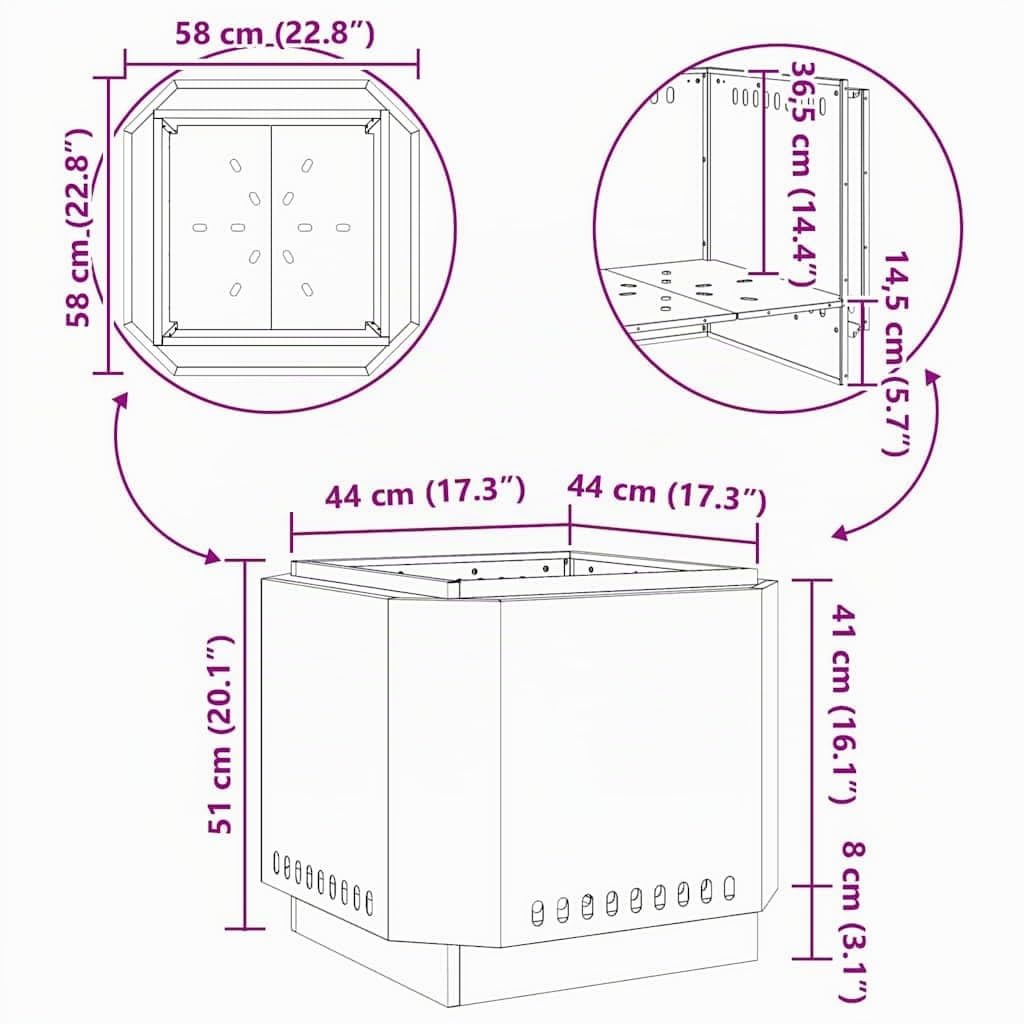 vidaXL Hoguera Sin Humo Marrón 58 x 58 x 51 cm Acero al Carbono, Hogar Moderno, Calentador Resistente para Patio, Chimenea de Jardín, Punto de Encuentro Social