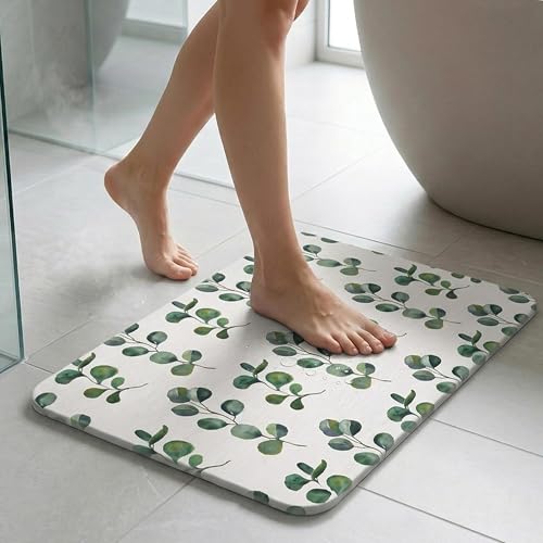 Image of Yellow Weaves Printed Stone Bath Mat, Diatomaceous Earth Shower Mat, Non-Slip Super Absorbent Quick Drying Bathroom, Kitchen Floor Mat, Easy to Clean (45x35 cm-Sandstone) Tropical Leaves, Green