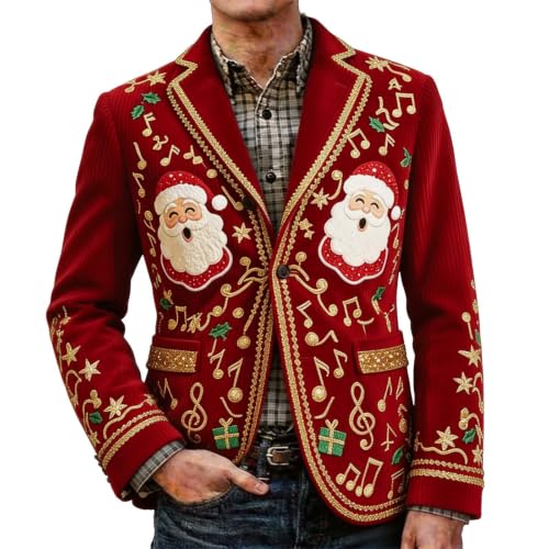 Men Christmas Santa Embroidery Blazer Corduroy Notched Lapel Suit Jacket - image 2