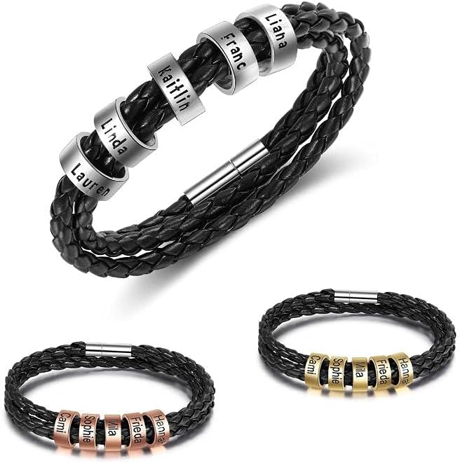 Roy Rose Jewelry Multi-Strand Leather Braided Bracelet in Black or Brown with Engraved Name Beads for Father's Day, Mother's Day