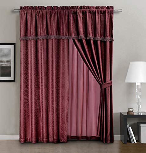 Chezmoi Collection Devon 4-Piece Burgundy Diamond Geometric Jacquard Window Curtain/Drape Set - Attached