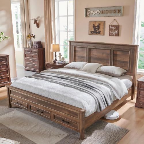 Image of ACCOHOHO Farmhouse Queen Size Bed Frame with 53 inch Tall Headboard Light Brown