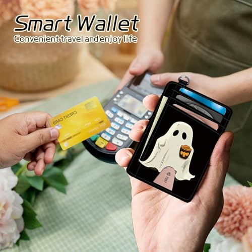 Image of Small Travel Wallets, Coffee Ghosts Slim Minimalist Front Pocket Wallet with Wristlet, RFID Blocking PU Leather Credit Card Holder with ID Window Change Purse for Men Women