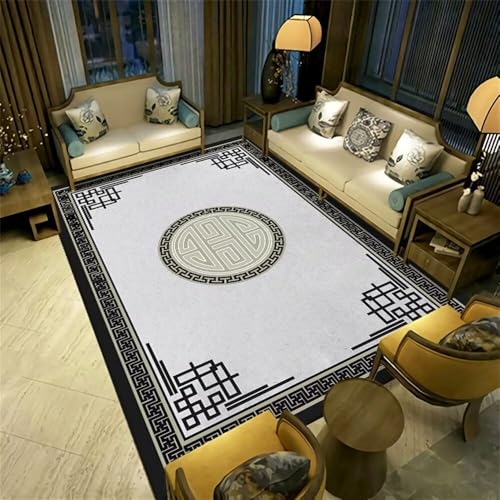 Tapis salon lavable en machine gris à imprimé minimaliste noir